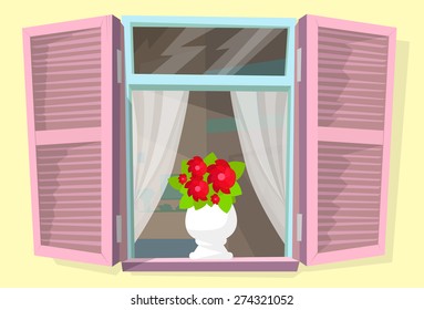 Window Shutters Flower Retro Blinds Isolated Vector Illustration