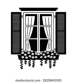 Window With Shutters And Flowerbox Black Silhouette On White Background