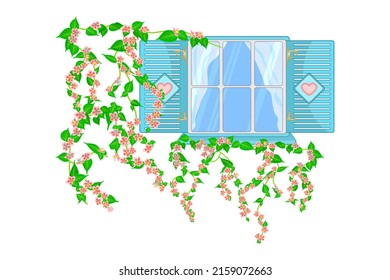 Ventana con postigos y flores aisladas en fondo blanco.Ventana de madera vintage con plantas trepadoras.Ventana de casa con cortinas y ramas floridas en la pared.Fachada de primavera de la casa con plantas.Vector