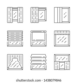 Window shutters linear icons set. oller, roman shades, panel, swags, valance. Motorized jalousie. Home interior shop. Thin line contour symbols. Isolated vector outline illustrations. Editable stroke