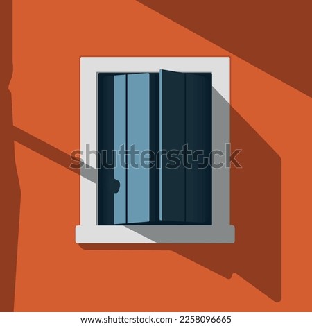 A window with shutters on the background of an orange wall