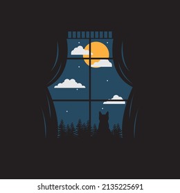 window silhouette vector with cat and forest on the window at night in moonlight logo ikon symbol ilustration design