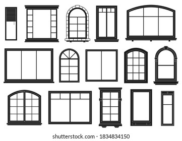 Window silhouettes. Exterior framing windows, black outline ornate arches and doors architectural building, isolated vector set. Architectural window exterior, line arch wooden outline illustration