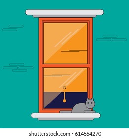 Window with a window sill on which a cat. Against the wall. Vector illustration for the web