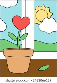 Ventana alféizar con flor roja en maceta. Planta en la ventana. Caricatura, Vector. Ilustración vectorial aislada eps 10