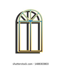 Window simple sign. Blue icon with gold contour with dark gray shadow at white background. Illustration.