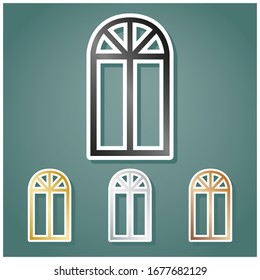 Window simple sign. Set of metallic Icons with gray, gold, silver and bronze gradient with white contour and shadow at viridan background. Illustration.