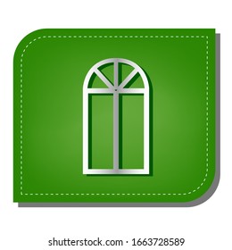 Window simple sign. Silver gradient line icon with dark green shadow at ecological patched green leaf. Illustration.