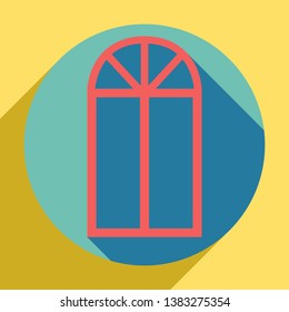 Window simple sign. Sunset orange icon with llapis lazuli shadow inside medium aquamarine circle with different goldenrod shadow at royal yellow background.