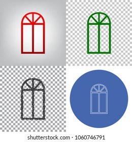 Window simple sign. Vector. 4 styles. Red gradient in radial lighted background, green flat and gray scribble icons on transparent and linear one in blue circle.