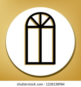 Window simple sign. Vector. Black icon with light brown shadow in white circle with shaped ring at golden background.