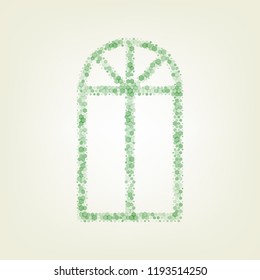 Window simple sign. Vector. Green hexagon rastered icon and noised opacity and size at light green background with central light.