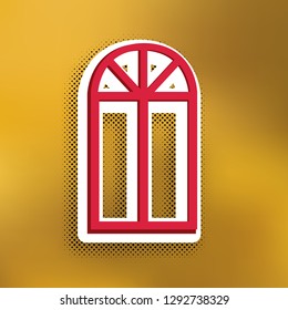 Window simple sign. Vector. Magenta icon with darker shadow, white sticker and black popart shadow on golden background.