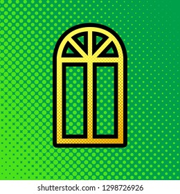 Window simple sign. Vector. Pop art orange to yellow dots-gradient icon with black contour at greenish background.