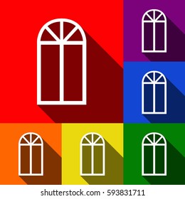 Window simple sign. Vector. Set of icons with flat shadows at red, orange, yellow, green, blue and violet background.