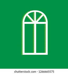 Window simple sign. Vector. White flat icon with yellow striped shadow at green background.
