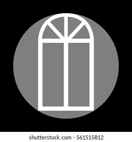 Window simple sign. White icon in gray circle at black background. Circumscribed circle. Circumcircle.