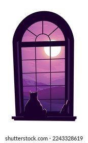 Fenster mit sitzender Katzensilhouette bei Sonnenuntergang