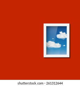 Window with sky and clouds. Vector image.