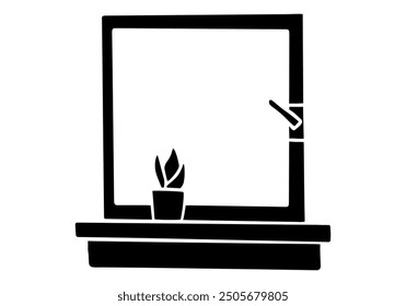 Window with a small potted plant on a windowsill silhouette vector illustration. Isolated on white background