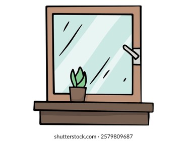 Window with a small potted plant on a windowsill colored doodle vector illustration. Isolated on white background