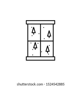 window, snow, trees, Christmas line icon on white background