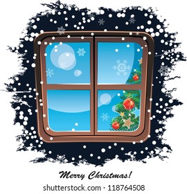 Window, snowy night, Christmas background, vector Illustration