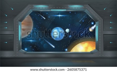 Window of spaceship with planets, cosmos and stars view. Vector realistic style, spacecraft open gateway with galaxy and cosmic objects. Game development and scenery design, secret mission