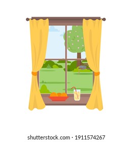 Window with Spring Landscape. Plate with oranges and a glass of lemonade on the sill. Cute cozy vector illustration in flat style