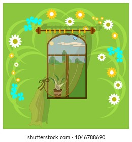 Window from spring to summer. Window with a transparent curtain on the background of green wallpaper and dancing spring flowers. In the window there is a summer glade surrounded by trees and bushes
