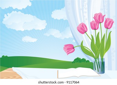 Window in spring. Vector background.