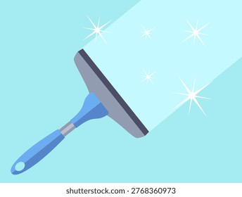 Window squeegee cleaning glass with sparkling effect. Vector cartoon flat illustration of house cleaning process
