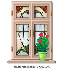 Window with stained glass in the Oriental style. Vector.