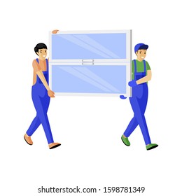 Window store couriers flat vector illustration. Cheerful deliverymen carrying new windowpane cartoon characters. Builders in blue overalls bringing window glass pane isolated on white background