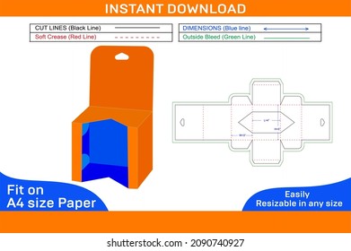 Window straight tuck end box or mobile charger box with hanger dieline template and 3d box