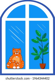 Window. Stylized image of architectural detail. Double glass. Cat and ficus in a pot behind the window glass. Color vector graphics. 