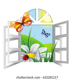 Window to summer.
Summer landscape behind an open paper window. Vector illustration, EPS-10, 3d.