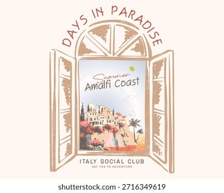 window summer resort vector art, European beach island motel hand drawn vector art, summer vacation artwork for t shirt,  poster, graphic print, Mediterranean homes watercolor vector illustration