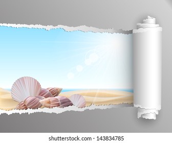 The window in the summer. Torn paper with opening showing summer background with seashell on the beach. Vector illustration