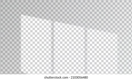 Window sunlight and shadow overlay for white wall mockups. Transparent vector effect for realistic sun light imitation