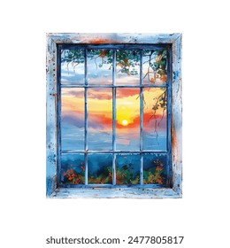 window with sunset view vector illustration in watercolor style