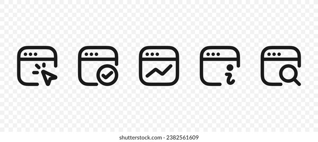 Window tasks with click, check mark, graph and search icons. Web Browser and Website Development. Vector EPS 10