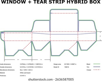 Window tear strip hybrid box packaging die-cut template design