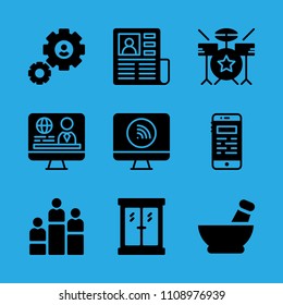 window, television, newspaper, drum set, rank, settings, television, smartphone and mortar vector icon. Simple icons set