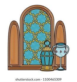 window of temple with lamp and chalice