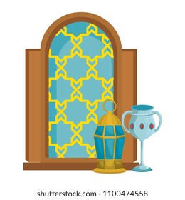 window of temple with lamp and chalice