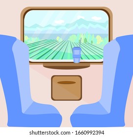 Window in the train. Cozy train car.  View from the window of the field lake and mountains. A pleasant trip by rail. The trip into a vacation. Nice trip. Flat style vector illustration.
