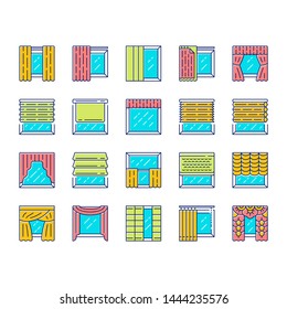 Window treatments and curtains color icons set. Roman shades, blinds, valance, panel, shutters. Room darkening. Interior design, home decor shop. Isolated vector illustrations