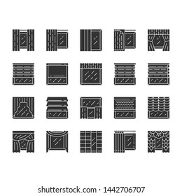 Window treatments and curtains glyph icons set. Roman shades, blinds, valance, panel, shutters. Room darkening. Interior design, home decor shop. Silhouette symbols. Vector isolated illustration