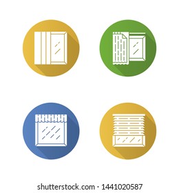 Window treatments flat design long shadow glyph icons set. Panel tracks, liner, valance. House and office decoration. Kitchen, living room curtain. Home interior design. Vector silhouette illustration